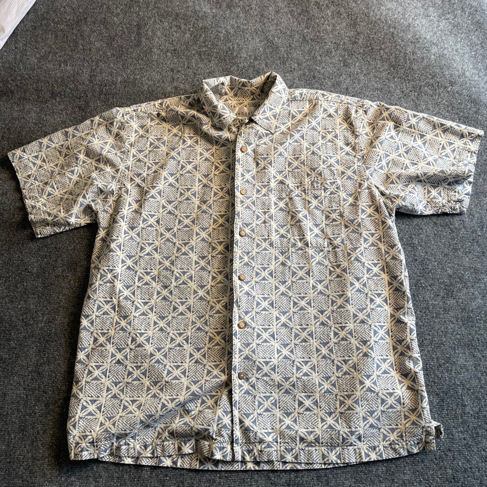 Rinnovato Mens XL Blue Geometric Tribal Print Rayon Cotton Short Sleeve Shirt